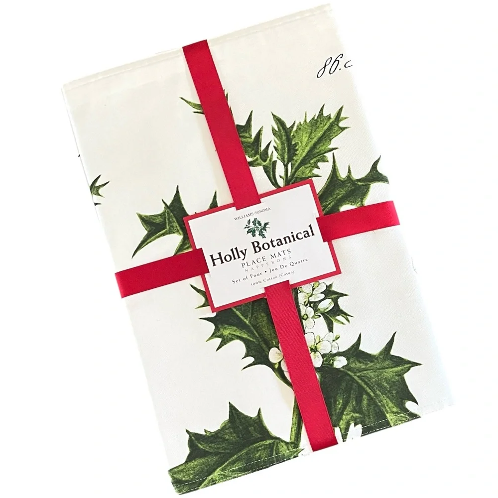 Williams Sonoma Holly Botanical Place Mats Set of 4 Holiday Winter Green Berry